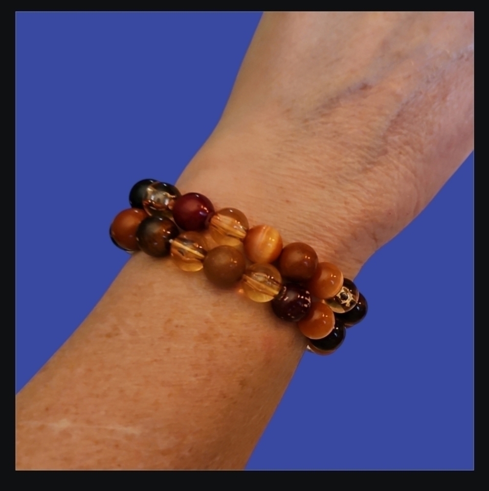 Vintage Earth Tone Glass Cat's Eye Beaded Two Strand Stretch Bracelet